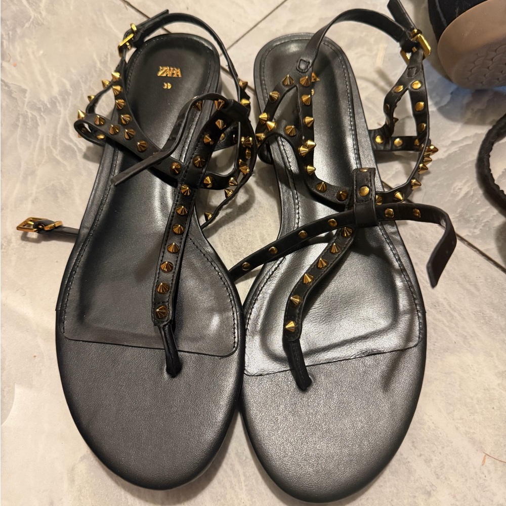 Zara Black and Gold Studded Sandals